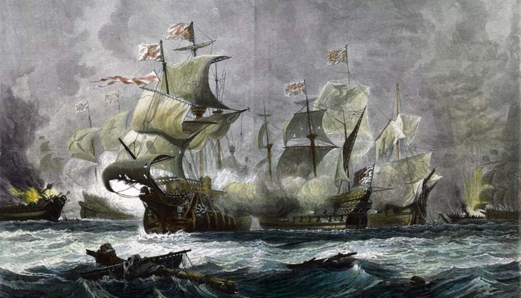 A nimble English ship blasting away at two clumsy Spanish galleons